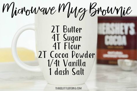 A quick and easy mug brownie recipe with no eggs! Full recipe at threelittleferns.com #recipe #mugrecipes #mugbrownie Brownie Mug Cake Microwave Recipe, Brownie In A Mug No Egg, Mug Brownie No Egg, Brownie In A Mug Recipe Microwave, Easy Mug Brownie, Easy Mug Brownie Recipe, Mug Brownie Recipe, Mug Brownie Recipes, Microwave Brownie