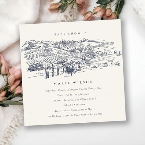 Navy Winery Mountain Sketch Baby Shower Invite Winery Wedding Ideas, Wedding Fun Facts, Wine Bridal Shower Invitations, Rustic Winery, Engagement Invite, Tropical Bridal Shower Invitations, Mountain Sketch, Bridal Shower Wine, Tropical Bridal Showers