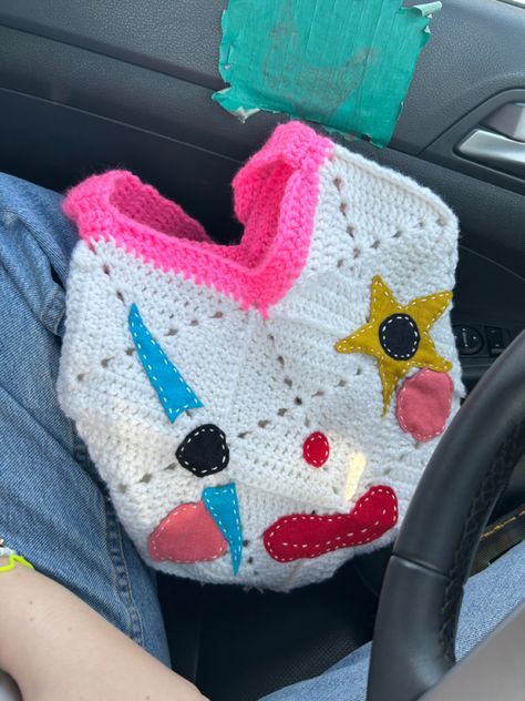 Crochet Clown Bag, Kitsch Crochet, Punk Crochet, Crochet Knit Stitches, Crochet For Beginners Blanket, Crochet Clothing And Accessories, Crochet Design Pattern, Kawaii Crochet, Crochet Inspo