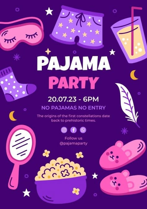 Hand-drawn Linear Popcorns And Drinks Pajama Party Invitation Pijamas Party Ideas, Pjs Party, Pajama Birthday Parties, Slumber Party Invitations, Birthday Sleepover Ideas, Slumber Party Birthday, Sleepover Invitations, Pyjamas Party, Pijama Party