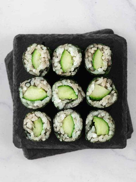 Kappa Maki Sushi (Cucumber Veggie Roll + Step-by-step Photos!) | The Fruity Jem Kappa Maki, Sushi Cucumber, Cucumber Sushi Rolls, Cucumber Sushi, Sushi Sauce, Sushi Mat, Maki Roll, Japanese Cucumber, Maki Sushi