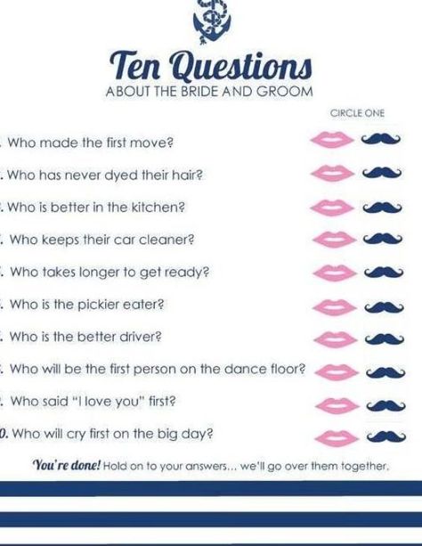 He Said She Said Bridal Shower Game Sample Questions He Or She Questions For Couples, Haldi Games Ideas, He Said She Said Bridal Shower Game, He Said She Said Questions, Haldi Ideas, Wedding Facts, Bridal Shower Question Game, Nautical Bridal Shower, Bridal Shower Questions