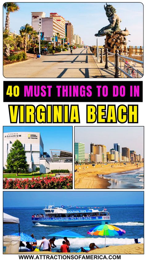 Collage of famous Virginia Beach attractions with text reading 40 must things to do in Virginia Beach. Places To Visit In Virginia, Things To Do In Virginia, Virginia Beach Boardwalk, Virginia Beach Vacation, Virginia Beach Virginia, Beach Place, Cool Things To Do, Virginia Travel, Travel Bucket List Usa