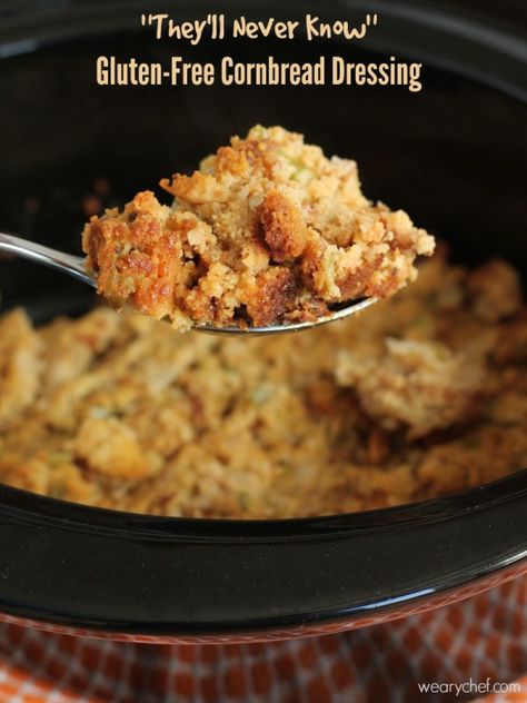 This Gluten-Free Cornbread Dressing is made in your slow cooker and tastes just like the real deal! Perfect Thanksgiving side dish recipe! Gluten Free Cornbread Dressing, Corn Dressing, Gluten Free Dressing, Bread Dressing, Gluten Free Cornbread, Gluten Free Holiday, Thanksgiving Side Dish, Gluten Free Thanksgiving, Cornbread Dressing