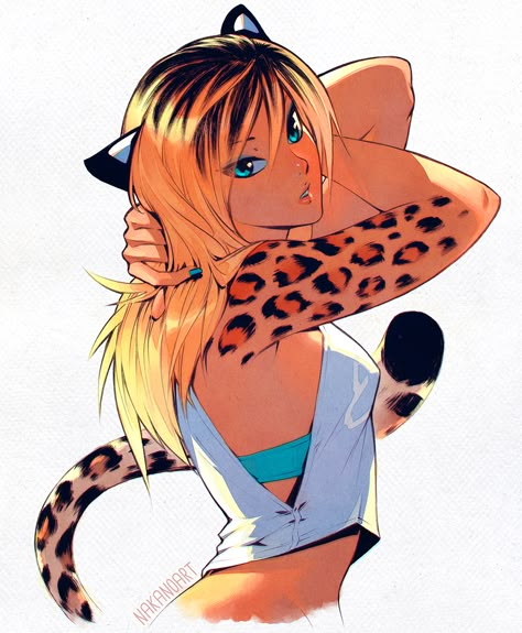 Leopard Ears, Tiger Girl, Aqua Eyes, Anime Monsters, Multicolored Hair, Anime Animals, Girls Characters, Female Character Design, Cat Girl