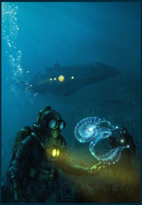 fsposterart 20 000 Leagues Under The Sea Nautilus, 20 Thousand Leagues Under The Sea, Deep Sea Diver Art, Submarine Craft, Nautilus Submarine, Submarine Movie, Diver Art, Underwater City, New Retro Wave