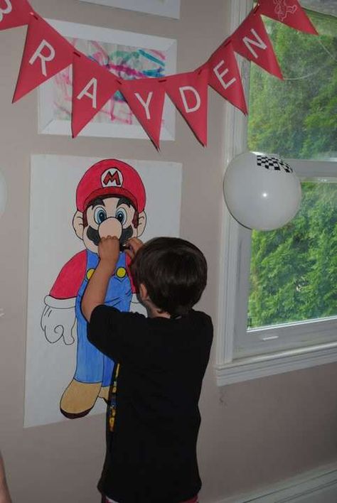 Brayden's Mario Birthday | CatchMyParty.com Pin The Mustache On Mario, Super Mario Brothers Birthday Party, Mario Party Games, Super Mario Brothers Birthday, Mario Brothers Birthday Party, Mario Kart Party, Super Mario Bros Birthday Party, Super Mario Bros Party, Mario Game