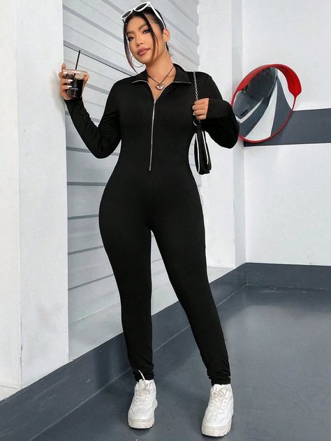 SHEIN EZwear Plus Zip Up Unitard JumpsuitI discovered amazing products on SHEIN.com, come check them out! Plus Size Jumpsuit, Black Casual, Amazing Products, Long Sleeve Knit, Plus Clothing, Knitted Fabric, Zip Ups, Jumpsuit, Collar