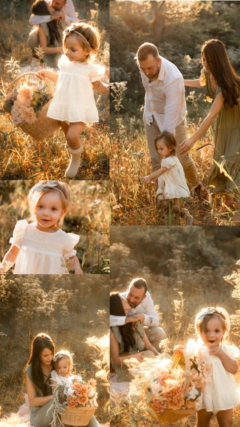 Family of three, white dress, green dress, lifestyle photoshoot, toddler photo, boho vibes, golden sunset in a small field, flowers, warm edits, what to wear fpr a photography session, best photographer for sunset photos. Photoshoot In Field, Spring Family Pictures, Boho Toddler, Summer Family Pictures, Family Photo Colors, Golden Family, Family Maternity Photos, Lifestyle Photoshoot, 1st Birthday Photoshoot