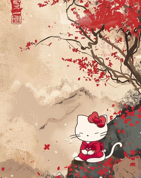 Give Away! Free Mobile Wallpaper Digital Art - Link in Bio. Hello Kitty in the style of traditional Chinese painting, red cherry blossoms falling from tree branches onto rock and mountain background, with a red color palette, digital art with brush strokes and subtle texture resembling paper, on a light beige background, a high resolution digital illustration of the hello kitty character from Sanrio's world sitting by a stream. Follow @hello_kyoota for more upcoming free giveaways! Anime Red Wallpaper Aesthetic, Red Cherry Blossom Wallpaper, Light Red Wallpaper, Color Palette Digital Art, Cherry Blossoms Falling, Cherry Wallpaper, Wallpaper Digital Art, Red Color Palette, Red Cherry Blossom