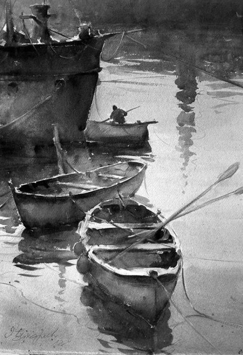 40 Perfectly Mixed Black And White Paintings Ideas Watercolor Boat, Watercolor Architecture, Black And White Landscape, Boat Art, Charcoal Art, Boat Painting, 수채화 그림, Black And White Painting, Black White Art