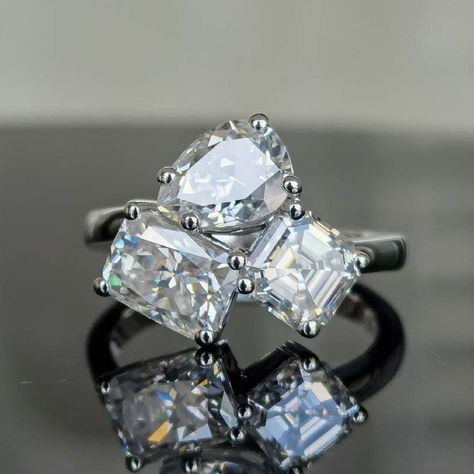 3.0 Ct Asscher, Radiant & Pear Cut White 3 Stone Moissanite Ring 925 Silver Ring Radiant Cut Moissanite Ring, Radiant Cut Rings, Ring Three Stone, Three Stone Engagement Ring, Moissanite Diamond Rings, Pear Engagement Ring, Stone Engagement Ring, Three Stone Engagement, Three Stone Engagement Rings