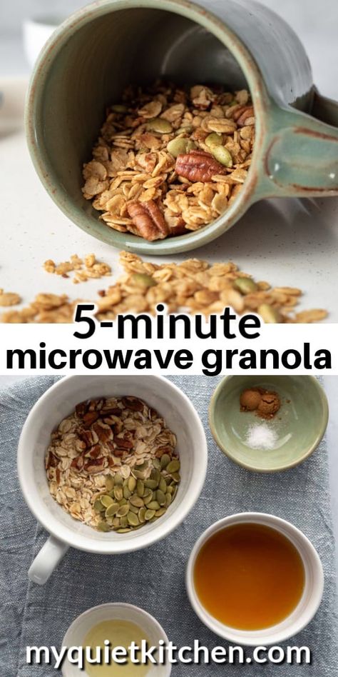 My Quiet Kitchen, Microwave Granola Recipe, Microwave Granola, Quick Granola Recipe, Small Batch Granola, Granola Recipe With Quick Oats, Quick Oats Granola, Quick Granola, Low Calorie Granola