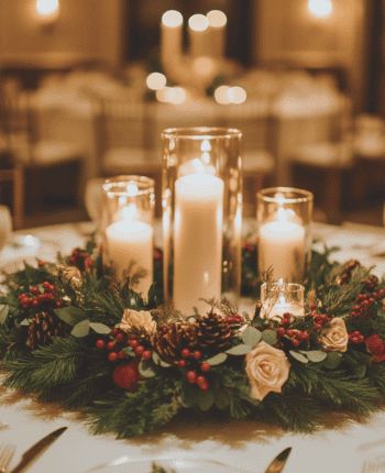 15 Magical Christmas Wedding Centerpiece Ideas to Celebrate the Season - Wedding Hacked Southern Christmas Wedding, Christmas Wedding Flowers Centerpieces, Christmas Wedding Table Settings, Christmas Wedding Ideas Elegant, Xmas Wedding Ideas, Winter Wedding Table Centerpieces, Wedding Centerpieces Winter, Winter Wedding Table Decorations, Red Themed Wedding