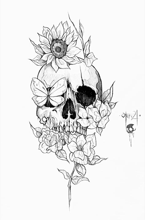 Skull And Flower Tattoo Drawing, Drawing Ideas Skull, Skull Tattoo Stencil, Feminine Chest Tattoo, Skull And Flower Tattoo, Floral Skull Tattoos, Tattoo Crane, Skull Tattoo Flowers, Feminine Skull Tattoos