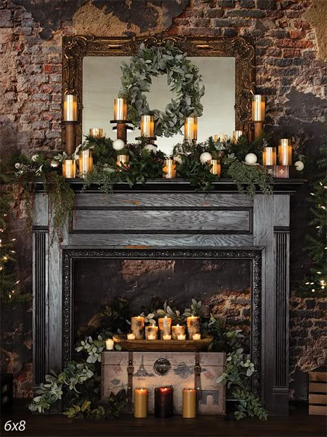 Rustic Holiday Fireplace Photography Backdrop - A rustic holiday fireplace photography backdrop featuring a dark wood mantle Black Fireplace Decor, Year Round Mantle Decor, Christmas Decorations Natural, Winter Fireplace Decor, Holiday Fireplace Decor, Rustic Mantle Decor, Fireplace Photography, Rustic Brick Wall, Wood Mantle Fireplace