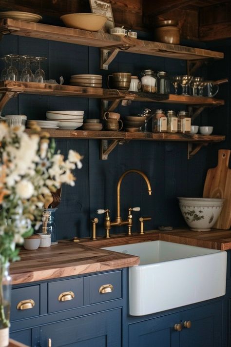 Boho Kitchen Blue Cabinets, Blue And Wood Kitchen Ideas, Dark Blue And Wood Kitchen, Light Grey Countertops, Dark Blue Kitchen, Dark Blue Kitchens, Kitchen Pop, Navy Blue Kitchen, Kitchen 2024