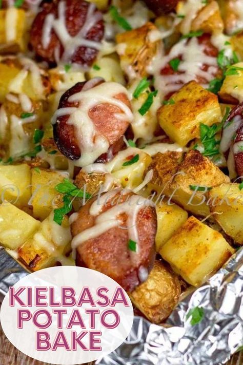 Kielbasa Potato Bake is an easy weeknight dinner recipe made with simple ingredients. Smoked Sausage And Potato Bake, Kilbasa Sausage Recipes, Smoked Sausage And Potato Recipe, Polish Sausage Recipes, Sausage And Potato Bake, Sausage Potato Casserole, Kielbasa And Potatoes, Smoked Sausage Recipes, Garlic Spaghetti