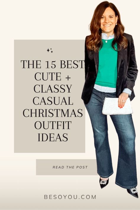 See 15 classy casual outfits for all your Christmas celebrations. See outfits with jeans, leather pants, dresses, and even skirts. Christmas Day Casual Outfit, Christmas Jean Outfit Ideas For Women, Christmas Outfits 2024 Women, Christmas Eve Outfits Casual Jeans, Christmas Party Outfit Jeans, Black Jeans Christmas Outfit, Plaid Christmas Pants Outfit, Black Leather Pants Christmas Outfit, Business Casual Holiday Outfit