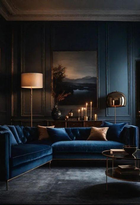 Dark Glamour Interior, Moody Parisian Living Room, Moody Lounge Room, Moody Rooms Inspiration, Moody Blue Living Room, Moody Den, Moody Lounge, Moody Living Room Ideas, Dark Moody Living Room