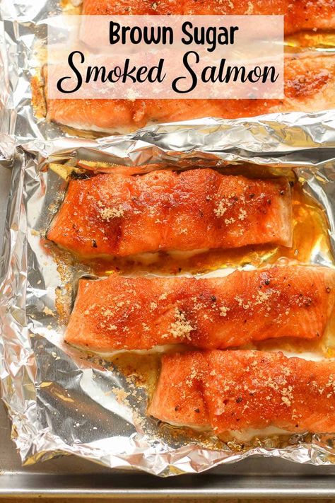 Brown Sugar Smoked Salmon combines sweet and smoky flavors to create the best salmon dinner! Add cayenne pepper and brown sugar for balance. Lightly Smoked Salmon Recipes, Salmon Smoker Recipes, Treager Smoker Recipes Salmon, Salmon Recipes Brown Sugar, Bbq Salmon Recipes, Brown Sugar Glazed Salmon, Brown Sugar Salmon, Smoked Ham Recipe, Sweet Bourbon