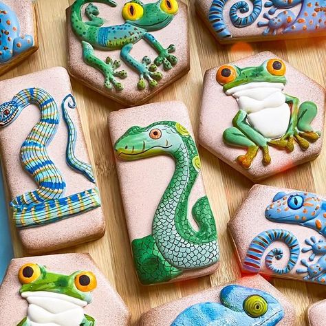 That Girl Who Bakes Cookies on Instagram: "Reptiles for days 💚🦎🐍🐸  .  .  .  .  .  .  .  .  .  .  .  .  .  #thatgirlwhobakescookies #southafricancookier #sacookiecommunity #royalicingartist #royalicingcookie #royalicingkoekies #icedbiscuitscapetown #icedbiscuitsjohannesburg #royalicingart #royalicingsugarcookies #royalicingcookies #sugarcookiesofinstagram #sugarcookies #royalicing #cookiegram #royalicingbiscuits #royalicingbiscuitssouthafrica #icedbiscuits #decoratedcookies #icedcookies #icedcookiesofinstagram #reptilecookies #reptilebiscuits #frogcookies #geckocookies #snakecookies #snakebiscuits #chameleoncookies #leopardgeckocookie #frogbiscuits" Reptile Cookies, Reptile Birthday Cookies, Gecko Cookies, Reptile Decorated Cookies, Jungle Royal Icing Cookies, Insect Cookies Decorated, Frog Cookies, Cookie Gram, Red Eyed Tree Frog