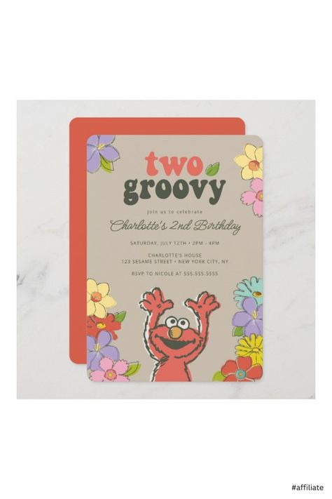 Groovy Invitations, Elmo First Birthday, Sesame Street Birthday Invitations, Groovy One, Sesame Workshop, Two Groovy, Elmo Birthday Party, Floral Birthday Invitations, Sesame Street Elmo