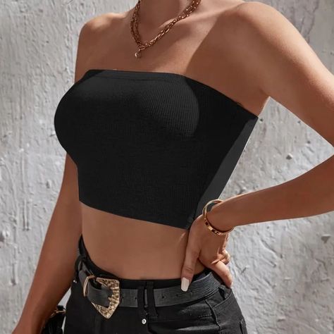 Free black tube top with any purchase#style #shopnow #classicstyle #weddingguest Cute Spaghetti Strap Tops, Halter Top Outfit, Halter Tops Outfit, Black Dress Style, Black Tube Top, Top Strapless, Summer Capsule, Outfit Layout, Strapless Crop Top