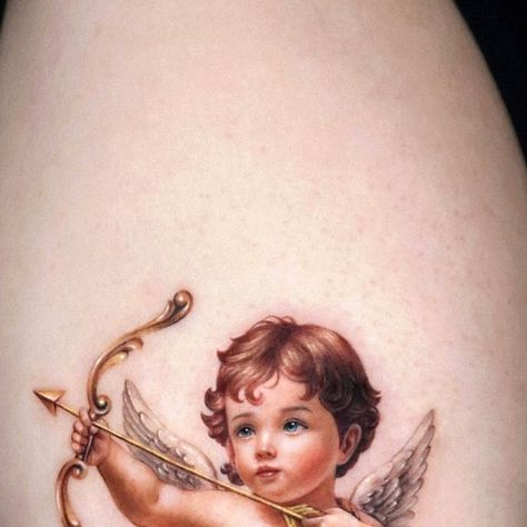 Female Sleeve Tattoo, Cherub Tattoo Designs, Cupid Tattoo, Cherub Tattoo, White Ink Tattoo, Geek Tattoo, Angel Tattoo Designs, Mother Tattoos, Tattoos For Black Skin