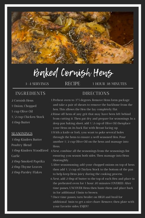 Cornish Hen Recipe Baked, Cornish Hen Recipes Oven, Bake Cornish Hen Recipe, Baked Cornish Hens, Cooking Cornish Hens, Quick Cheap Meals, Cornish Hen Recipe, Cornish Hen, Cornish Hens