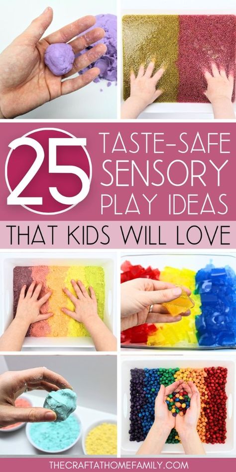 Do you have a young child at home who still likes to put everything in their mouth? This big list of taste-safe sensory recipes is perfect for babies and toddlers who want to join in on the fun, but who aren’t quite ready for regular sensory activities. These taste safe and edible sensory play activities are perfect for babies, toddlers and preschoolers. Use these taste safe sensory recipes to make taste safe mud, taste safe sensory foam, edible play dough, taste safe kinetic sand, moon sand, fake snow, edible slime and a variety of other taste safe activities!  taste safe sensory bin | taste safe sensory play | taste safe sensory bin ideas | taste safe sensory bin fillers | taste safe sensory activities | recipes Sensory Taste Safe, Sensory Bin Ideas For Babies, Edible Activities For Toddlers, Edible Sand Sensory Play, Baby Safe Sensory Play, Simple Sensory Activities Toddlers, Sensory Toddler Activities, Edible Sensory Bins, Baby Sensory Ideas