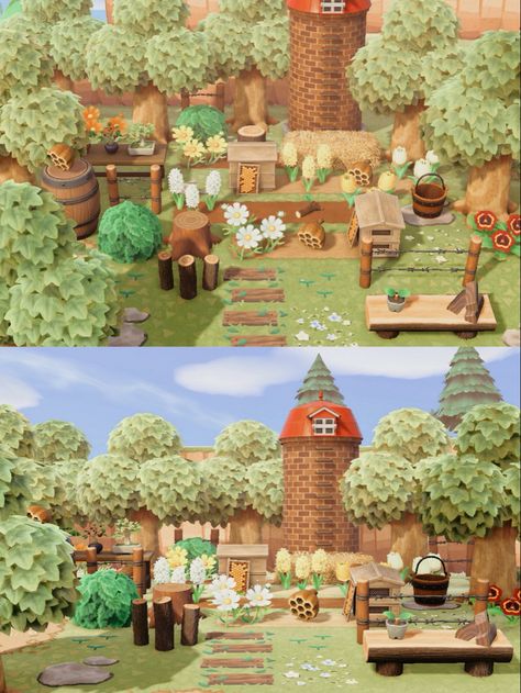 Acnh Diagonal Farm, Acnh Silo Ideas, Animal Crossing Honey Farm, Acnh Honey Farm Ideas, Farm Core Animal Crossing, Tree Farm Animal Crossing, Acnh Bee Farm Ideas, Animal Crossing Bee Farm, Farm Core Acnh