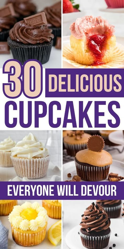 These delicious cupcakes will be devoured in no time!! Make these homemade cupcake recipe if you need a crowd pleasing dessert for parties, family gatherings, or as a sweet treat anytime. From classic cupcake flavors like chocolate, vanilla, and strawberry. to unique flavors like bacon maple and Lucky Charms, you're going to want to pin these cupcake ideas for later!! Mini Cupcakes For Wedding, Best Cupcake Flavors, Cupcake Flavors Unique, Stuffed Cupcake Recipes, Cupcake Flavors Ideas, Unique Cupcake Flavors, Unique Cupcake Recipes, Ways To Decorate Cupcakes, 30 Cupcakes