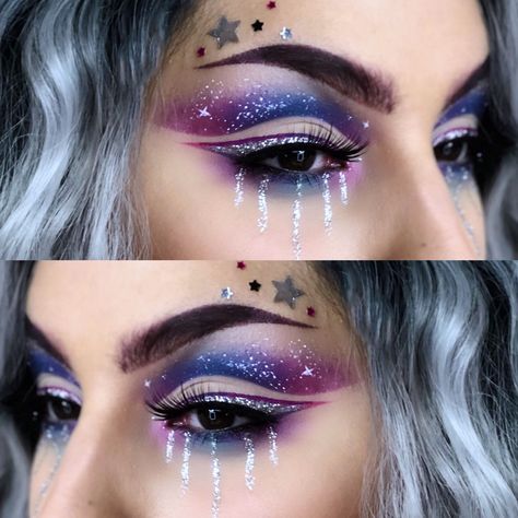 Sparkly Eye Makeup Looks, Cute Rave Makeup, Multi Colored Makeup Looks, 3rd Eye Makeup, Amusement Park Makeup, Space Theme Makeup, Dreamy Makeup Aesthetic, Space Inspired Makeup, Space Themed Makeup Looks