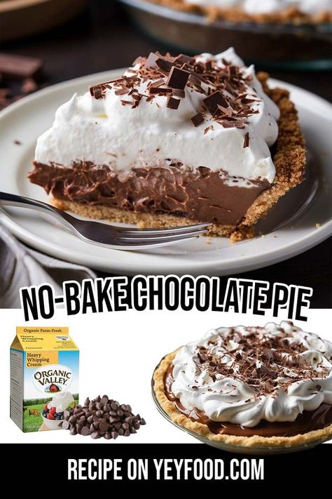 Home, Garden & DIY Easy Chocolate Pie No Bake, No Bake Chocolate Pie With Graham Cracker Crust, Chocolate Icebox Pie, Frozen Chocolate Pie, Chocolate Cream Pie Easy, No Bake Chocolate Pie, Easy Chocolate Pie Recipe, Pie With Whipped Cream, No Bake Lemon Pie