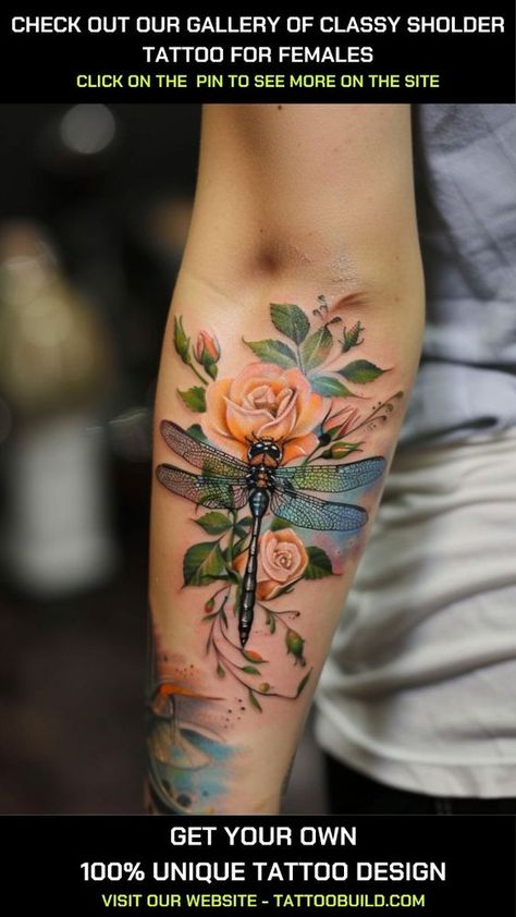 🌟 Check out this beautiful dragonfly tattoo on the back of the arm! Perfect for women looking for delicate and meaningful ink, this design symbolizes transformation and grace. #DragonflyTattoo #ArmTattoo #TattooIdeas #WomenWithTattoos #TattooInspiration Dragonfly Leg Tattoos For Women, Flowers And Dragonfly Tattoo, Dragon Fly Tattoos For Women, Dragonfly Arm Tattoo, Realistic Dragonfly Tattoo, Dragonfly Tattoo For Women, Dragonfly Tattoo Ideas Unique, Ash Tattoo, Ornament Tattoo