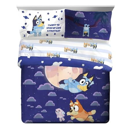 Soar through the night sky with this Bluey 7 Piece Full Bed Set with Sham. Set includes a comforter, two shams, fitted sheet, flat sheet, and two standard sized pillowcases. This deeply hued bed set features Bluey and Bingo soaring through the night sky. Made from 100% Microfiber, this bed set is the perfect weight to keep you comfortable all year round. Simple care instructions include machine wash cold and tumble dry low. Complete the look by shopping our other Bluey home and bedding items, so Bluey Bingo Bedroom, Bluey Room Decor Kids, Bluey Inspired Bedroom, Bluey Bedroom Boy, Bingo Funny, Toddler Boy Room Decor, Disney Room Decor, Princess Bed, Pony Birthday Party