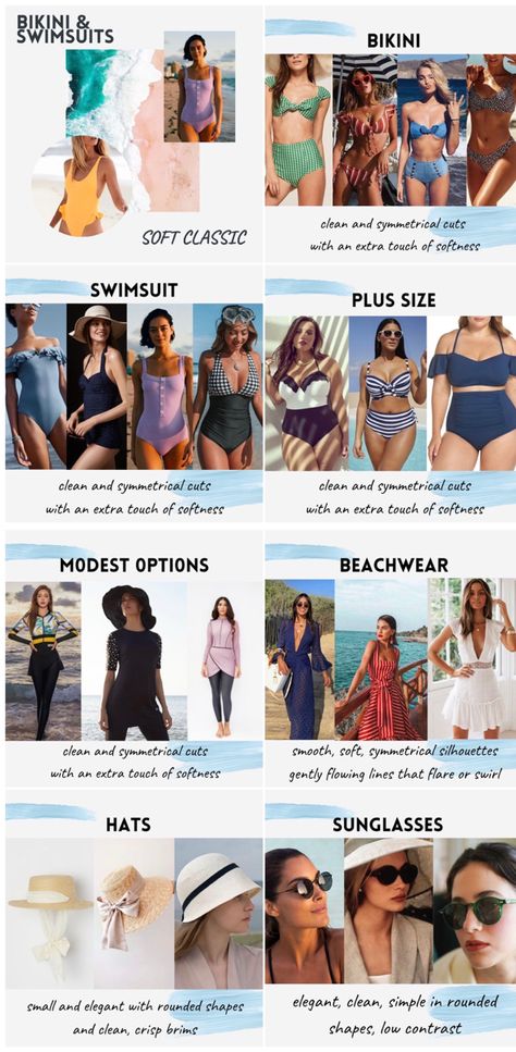 Soft Classic Kibbe Bathing Suits, Soft Classic Sunglasses, Soft Classic Swimsuit, Soft Classic Kibbe Summer, Soft Classic With Dramatic Essence, Dramatic Classic Swimsuit, Soft Classic Kibbe Glasses, Soft Dramatic Hats, Soft Classic Swimwear