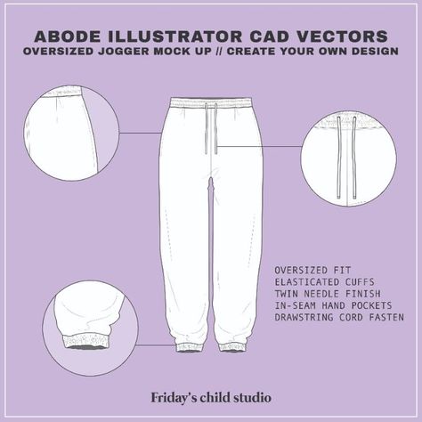 Editable/downloadable Adobe Illustrator (AI) file - basic AI skills needed for editing vectors.
A quick and easy way of mocking up your own designs and using as part of factor specs / tech packs

Oversized Jogger CAD drawings/vectors.

This CAD/vector is made up of different pieces/elements making it easily editable to your designs - Add your own colour palette / branding / design elements. Fashion Technical Drawing, Oversized Joggers, Flat Drawings, Hoodie Drawing, Flat Sketches, Drawing Clipart, Tech Pack, Cad Drawing, Joggers Womens