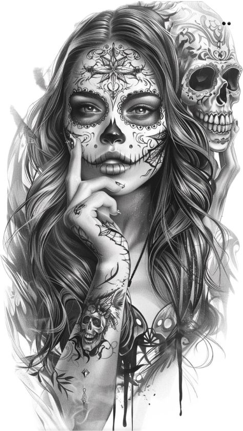 Sugar Skull Girl Tattoo, Suit Tattoo, Gothic Tattoos, Chicano Tattoos Sleeve, Catrina Tattoo, Skull Girl Tattoo, Mexican Art Tattoos, Girl Face Tattoo, Full Sleeve Tattoo Design