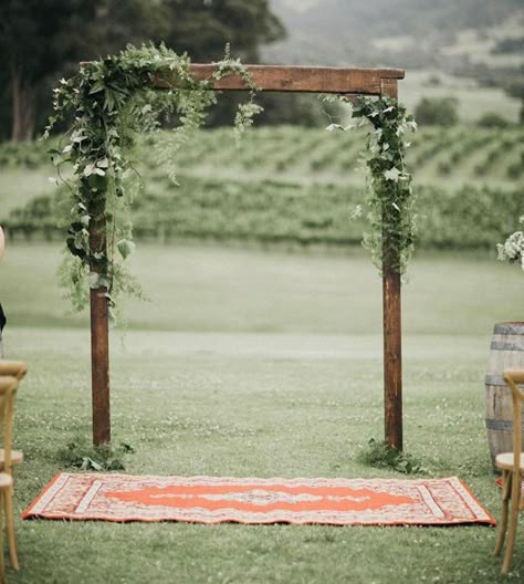 Arbors Wedding Rustic, Wood Arch With Greenery, Wood Altar Wedding, Wooden Wedding Arch With Greenery, Ceremony Arbor Greenery, Wedding Altar Simple, Simple Archway Wedding, Arch Greenery Wedding, Wedding Arbor With Greenery