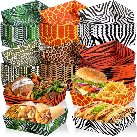 PRICES MAY VARY. Package Included: you will get 48 pieces animal print themed party safari jungle favor paper food trays with 6 different patterns, 8 pieces for each pattern, various styles and sufficient quantity to meet your daily and party decoration Safari Animal Party Supplies: these safari jungle party paper trays are designed with a variety of zoo animal print elements on both sides, such as giraffe spots, cheetah spots, crocodile spots, zebra stripes, tiger stripes and tropical green lea Last Rumble In The Jungle Bachelorette Party, African Themed Party, Safari Themed Food, Safari Bachelorette, Safari Party Food Ideas, Tarzan Party, Safari Birthday Party Food, Wild Animal Party, Safari Party Foods