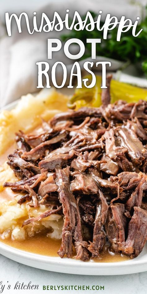 This easy dinner recipe is a family favorite. Chuck roast is cooked low and slow in the oven with pepperoncini peppers and the perfect blend of seasonings for a juicy, flavorful meal. Dutch oven cooking makes this dish so simple - you'll wonder why you didn't make it sooner! Mississippi Pot Roast Recipe, Slow Cooker Mississippi Pot Roast, Mississippi Pot, Mississippi Roast, Pot Roast Recipe, Mississippi Pot Roast, Crockpot Roast, Roast Recipe, Pot Roast Recipes