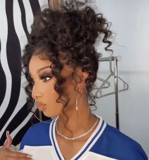 Updo Braids For Black Hair Wedding, Cute Curly Updos For Black Women, Curly Wig Updo Hairstyles Black Women, Curly Updo Hairstyles For Black Women, Curly Ponytail Black Women, Black Women Messy Bun, 4c Edges, 5x5 Closure Wig, Black Color Hairstyles