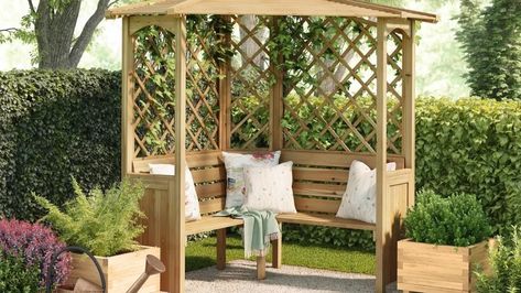 Corner Arbour, Black Outdoor Bench, Small Garden Corner, Arbour Seat, Wooden Arbor, Garden Seating Area, Garden Corner, Timber Roof, Rustic Room