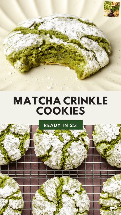 These bright green Matcha Crinkle Cookies are ooey gooey and coated in powdered sugar. With eye-catching crinkles and sweet, earthy flavors, they’re a must-have in the holiday cookie box! Vegan. Vegan Crinkle Cookies Recipe, Easy Matcha Cookies, Matcha Cookies Gluten Free, Cookie Recipes Matcha, Gluten Free Matcha Cookies, Pistachio Crinkle Cookies, Ube Crinkle Cookies Recipe, Matcha Crinkles, Vegan Matcha Cookies