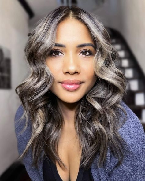 Face-Framing Metallic Gray Highlights Brown To Grey Balayage, Grey Balayage Brunettes, Milk Tea Balayage, Tea Hair Color, Highlights For Gray Hair, Milk Tea Hair Color, Silver Ash Hair, Gray Highlights, Long Silver Hair