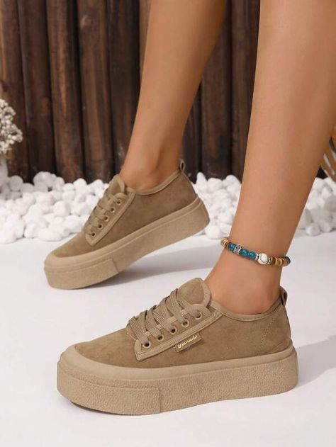 Women Minimalist Lace-up Front Skate Shoes, Faux Suede Sporty Sneakers | SHEIN USA Khaki Sneakers, Khaki Heels, Funky Glasses, Women Casual Shoes, Sporty Sneakers, Stunning Shoes, Casual Sneakers Women, Instagram Model, Model Beauty