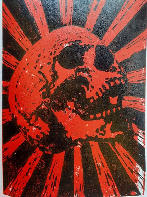 Edgy Art Prints, Cool Skull Design, Punk Prints Art, Red And Black Illustration, Skull Lino Print, Red And Black Drawings, Red And Black Paintings, Skull Linocut, Black And Red Painting