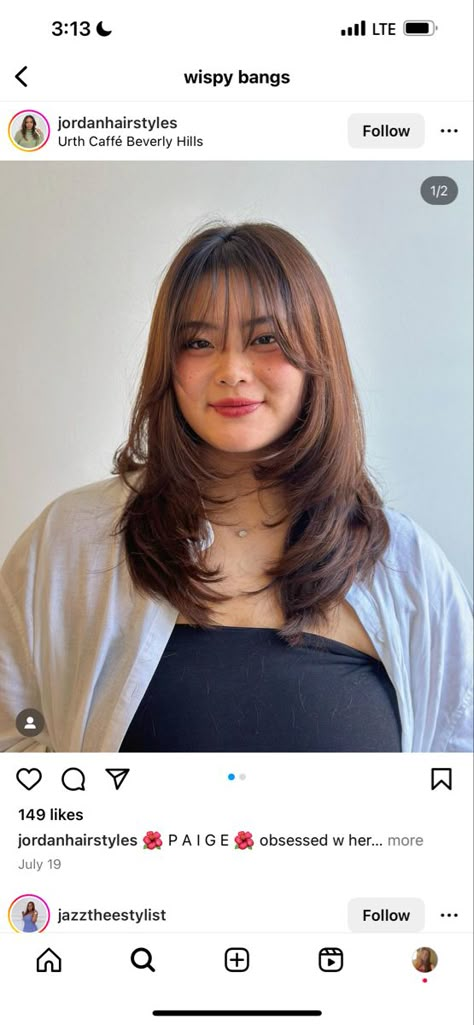 Butterfly Haircut Plus Size, Short Haircuts For Asian Hair, Long Curtain Bangs Medium Layers Shoulder Length, Broad Shoulders Haircut, Hwasa Haircut, Asian Wispy Bangs Long Hair, Wispy Layered Hair Medium, Bangs For Round Chubby Face, Hush Cut For Round Face